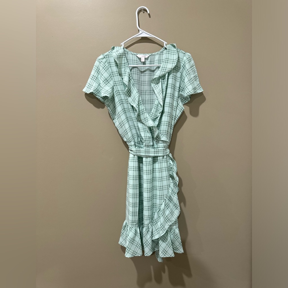 Green Checkered Wrap Mini Dress